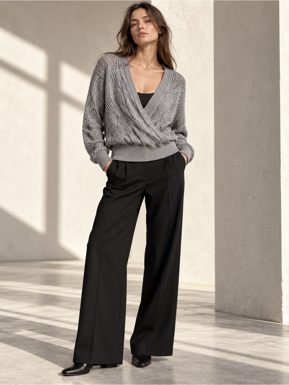 MEROKEETY Gray Pointelle Cable Knit Wrap V-Neck Sweater XL